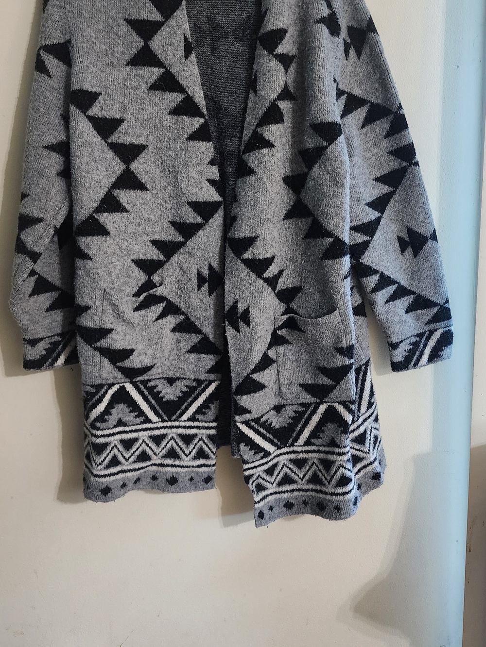 FRYE Gray Black Aztec Southwestern Open Front Cardigan Sweater Pocket Plus Size